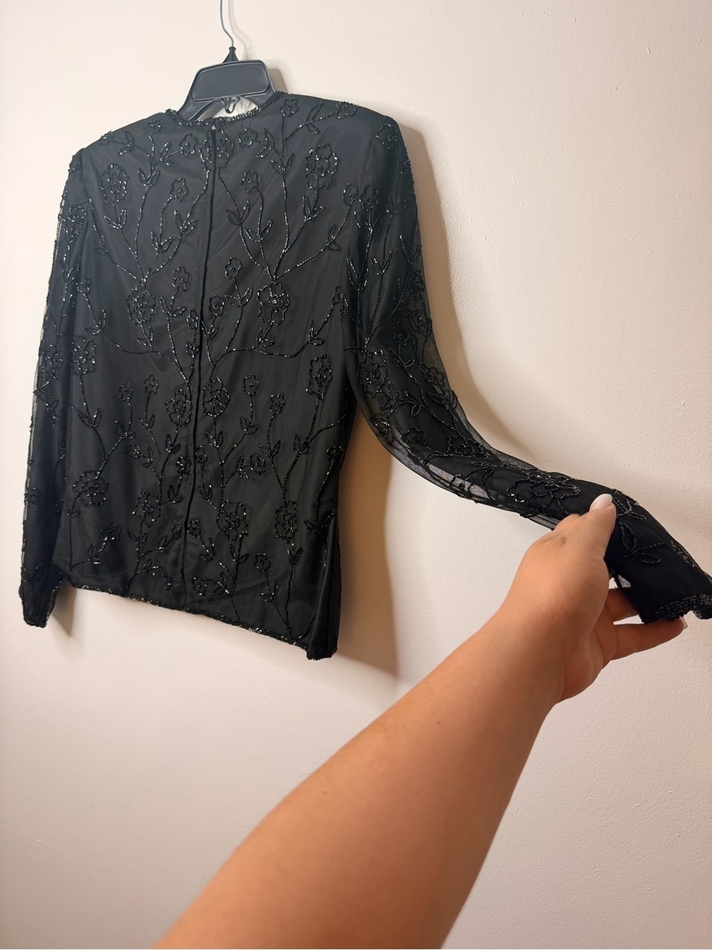 Embellished Black Floral Beaded Long-Sleeve Top - Picture 6 of 7